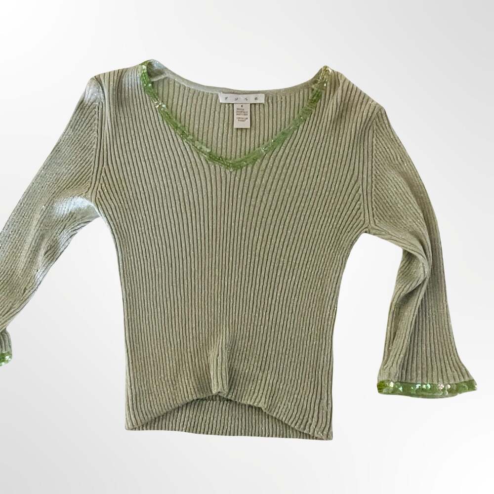 Fuse Silk Metallic Ribbed Knit Top with Green Sequin Trim Size M - Picture 5 of 6